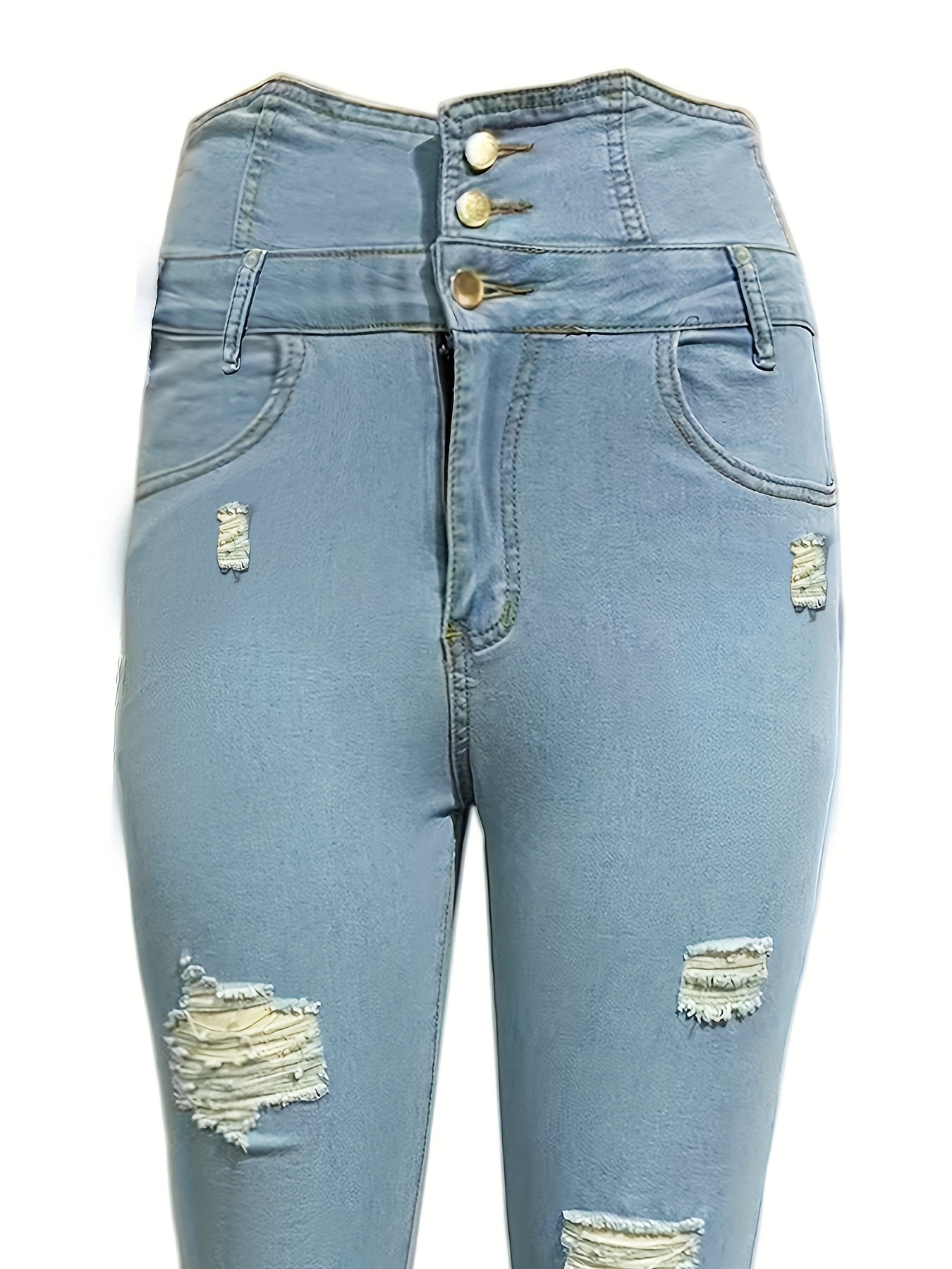 Women Ripped Jeans Pearl Decor Solid Side Slit Hem Trousers Hole