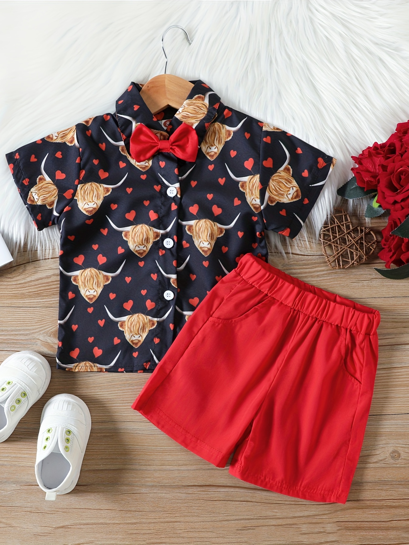 Boys Cow Head And Red Heart Casual Outfit Short Sleeves Shirt & Bow Tie &  Shorts For Summer Clothes