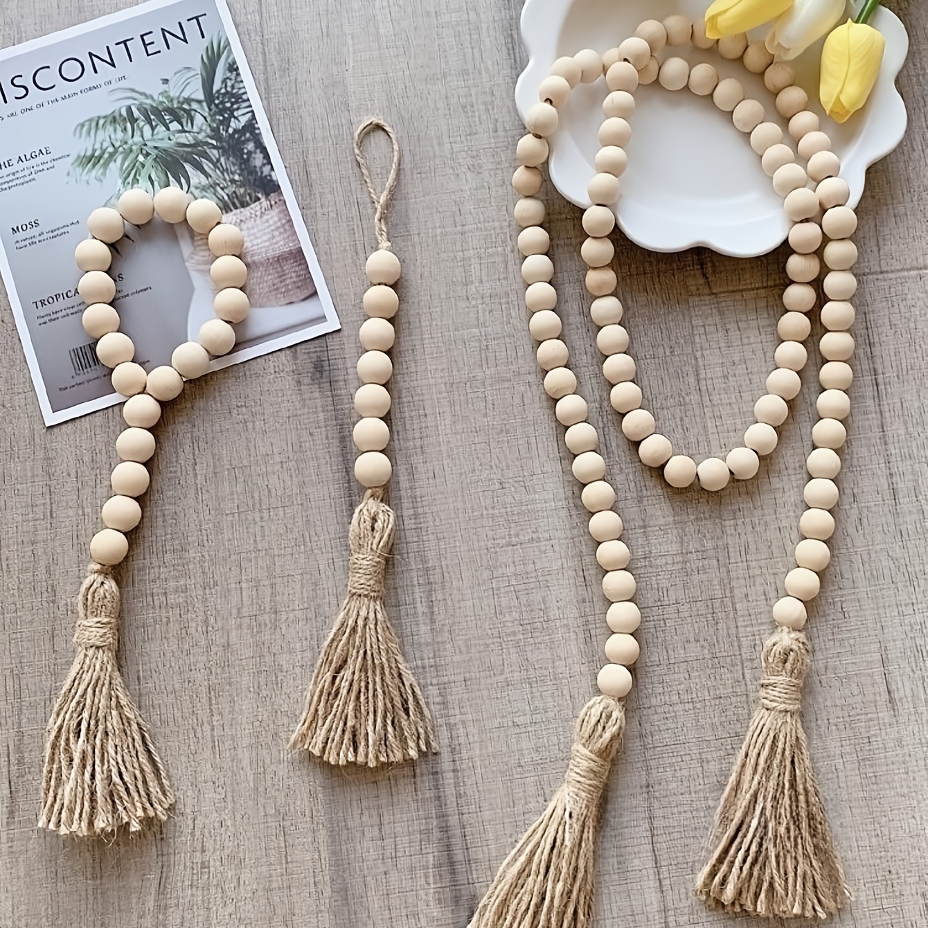 Boho Wood Beads Tassel String Hemp Rope Home Decor Wood - Temu