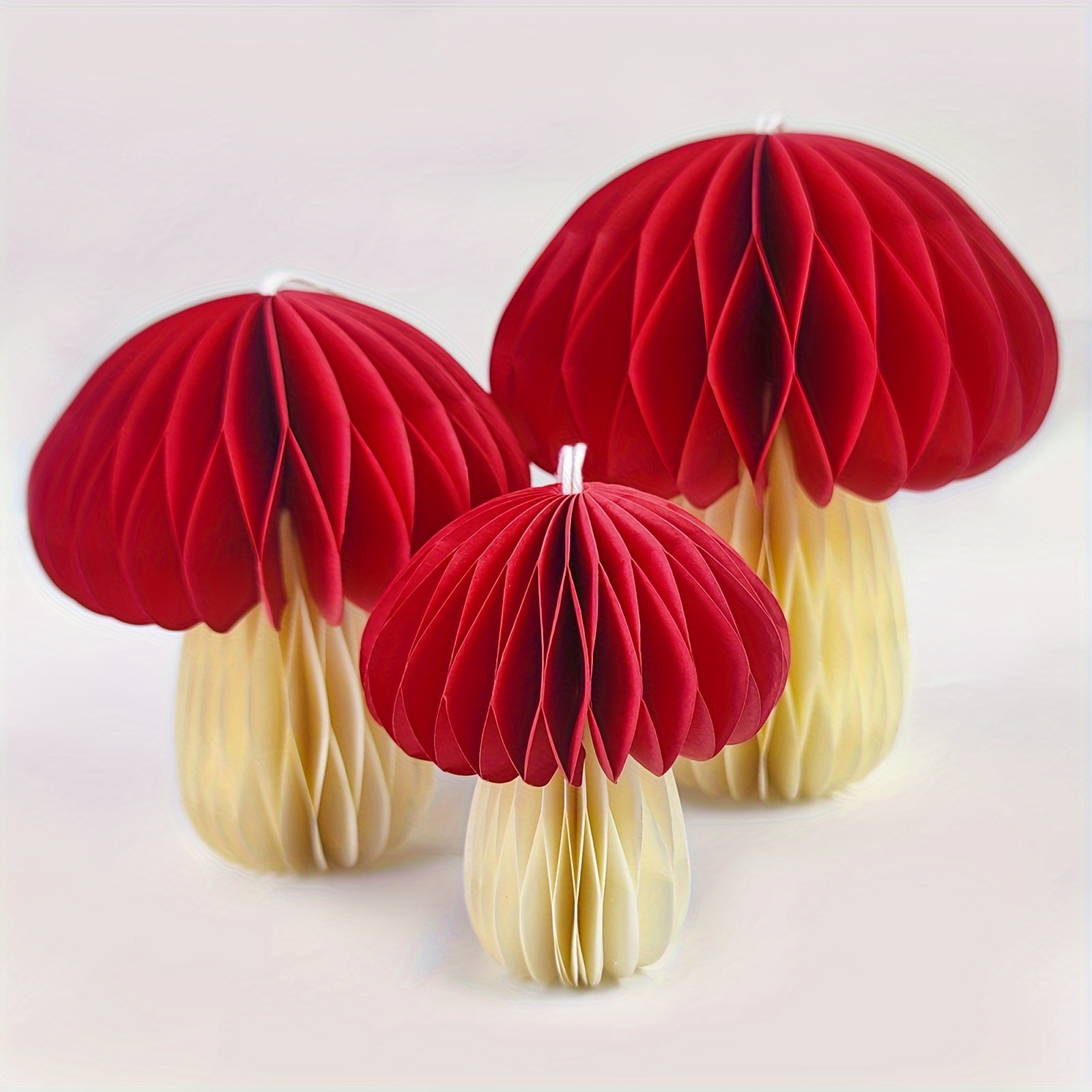 

3pcs Mushroom Party Decorations Hanging Décor Red Thick Paper Mushroom Theme Honeycomb Ball Pendant Ornament For Christmas Tree New Year Birthday Wedding Home Garden