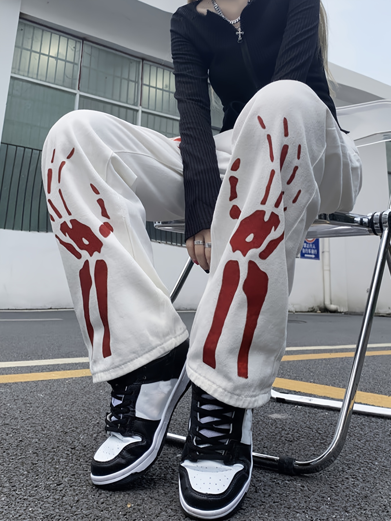 White Skeleton Letter Print Straight Jeans Loose Fit Street - Temu