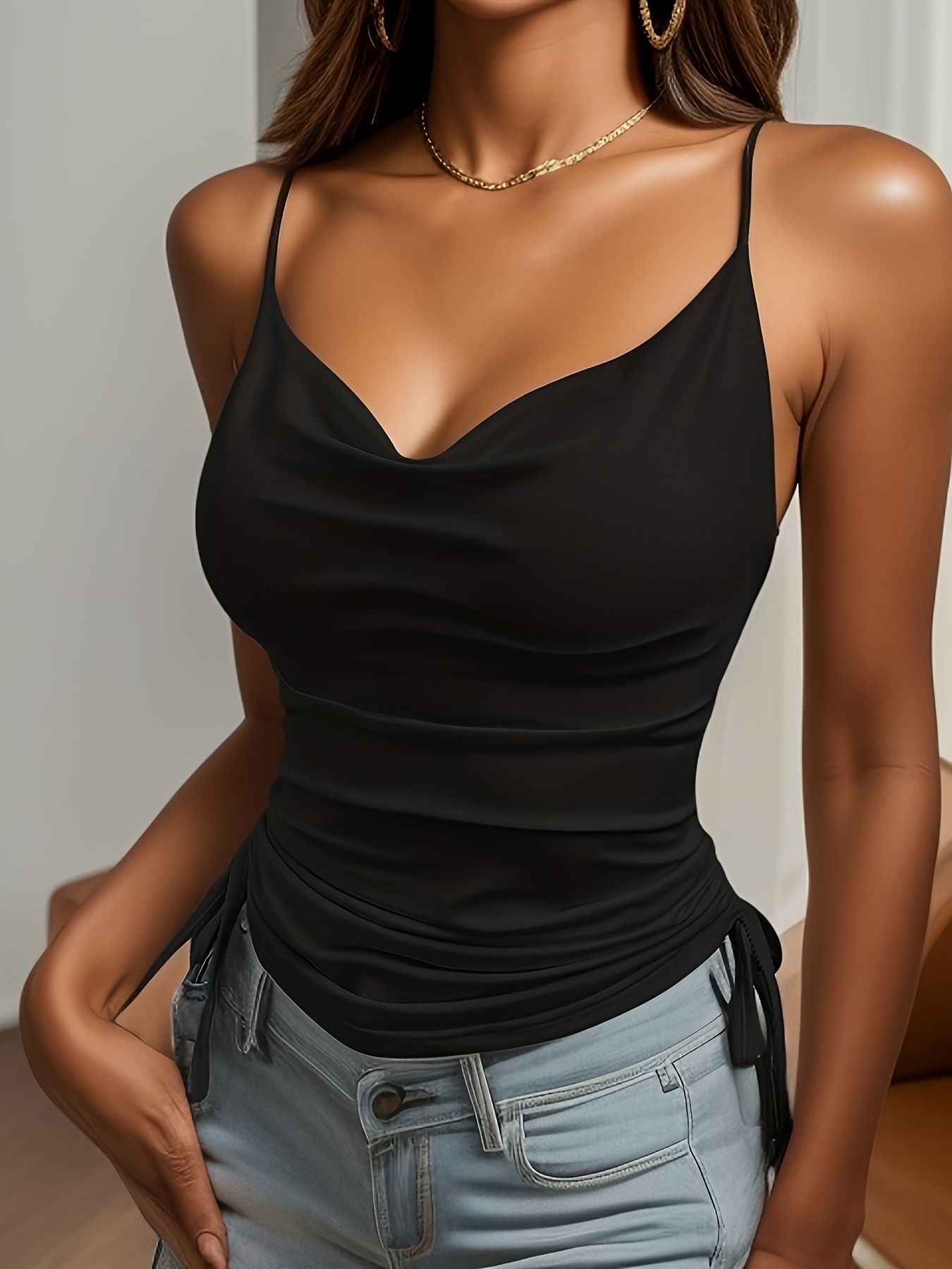 Satin Mesh V Neck Tank Top Women Cami Top Silk Camisole Casual Blouse（large）