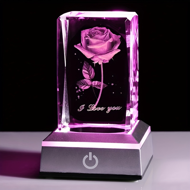 

1pc 3d Laser Engraved Rose Flower Crystal With Color Light Base, Gift For Girlfriend, Wife, Mom, Valentine's Day, Christmas, Thanksgiving, Commemorative Gift, Home Decoration, Desktop Night Light