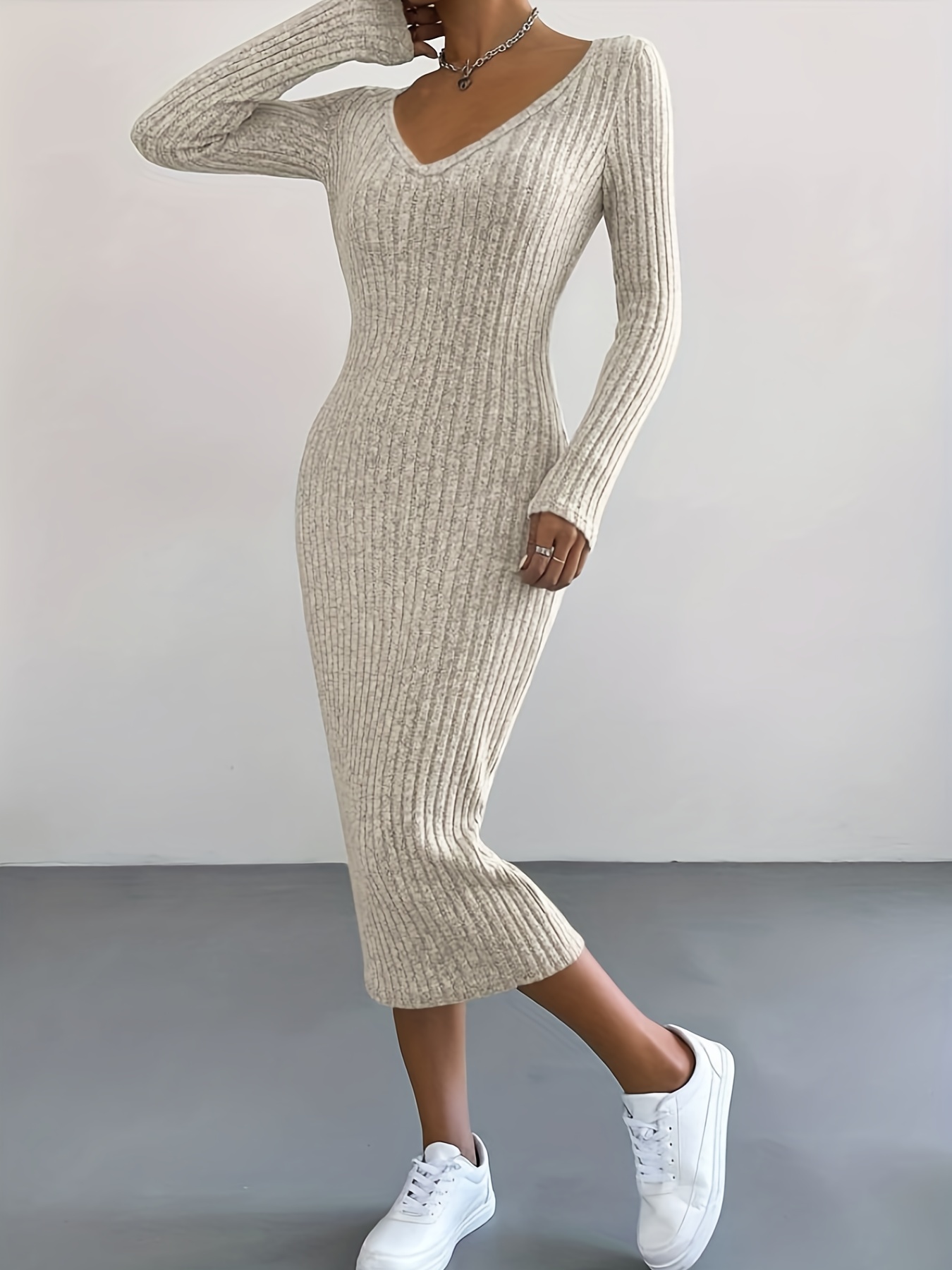Cable Knit Sweater Dress Casual Solid Long Sleeve Dress - Temu United  Kingdom