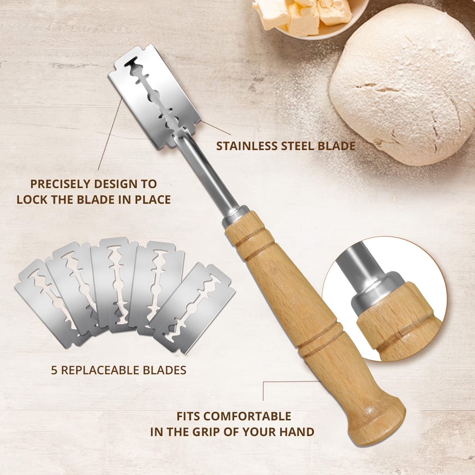 Bread Cutter Lame Wooden Handle Bread Slashing Dough Scoring Knife with  5Pcs Replaceable Blade Bread Making Kitchen Baking Tools