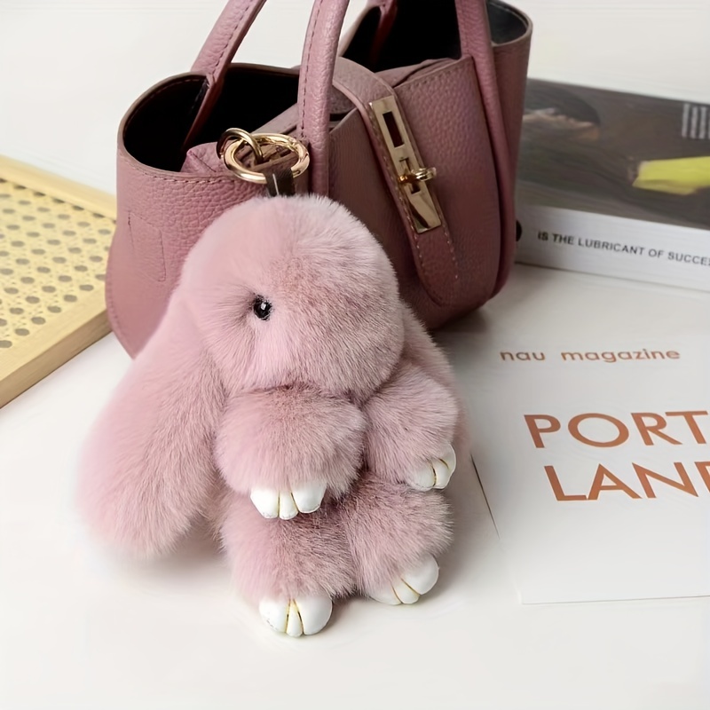 Fluffy Cute Mini Rabbit Car Key Chain Kawaii Bow Tie Real Fur Bunny Natural  Rex Rabbit Fur Car Pendant Pink Rabbit Key Chain