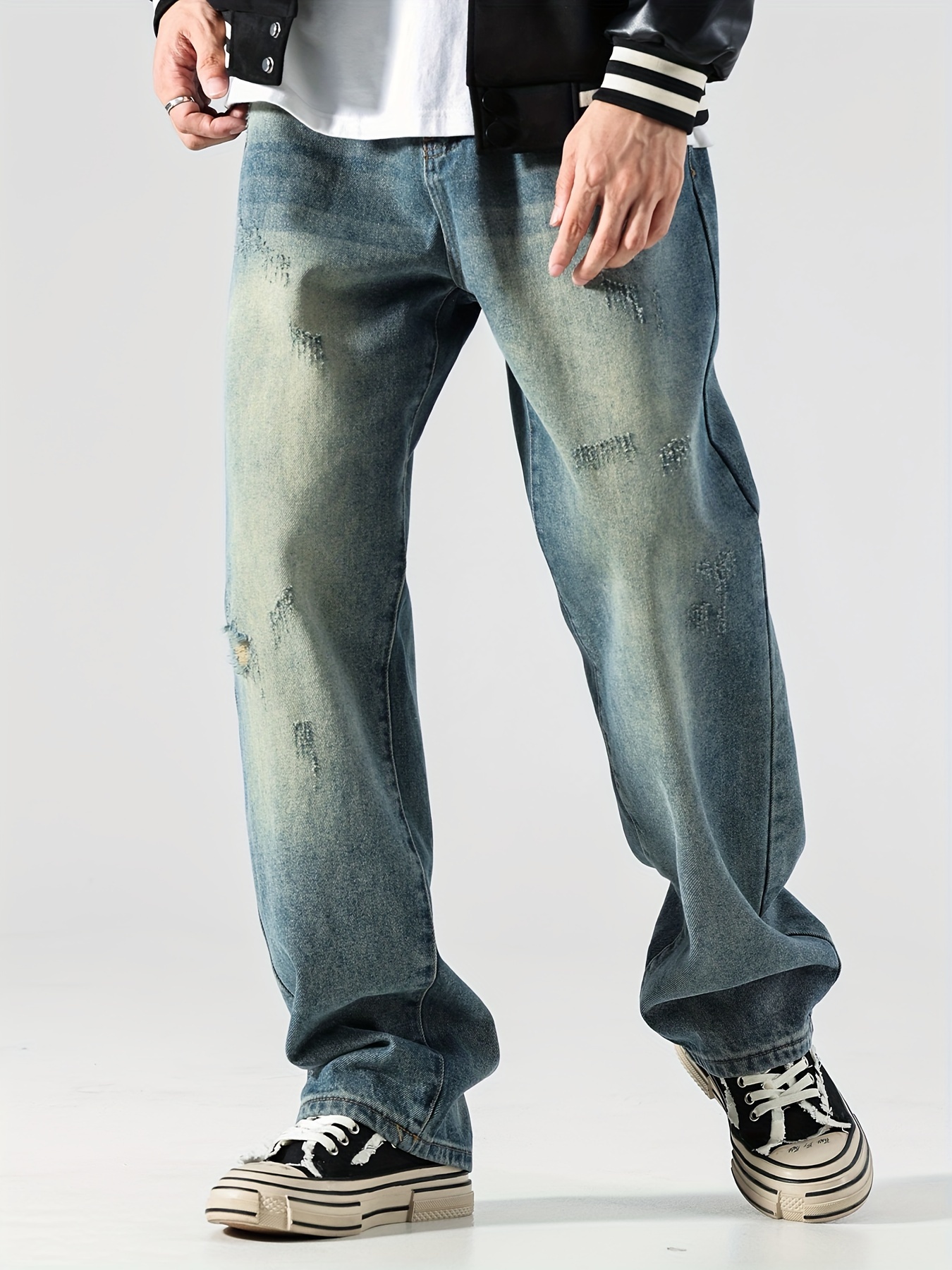 Men's Casual Loose Fit Jeans Street Style Retro Distressed - Temu
