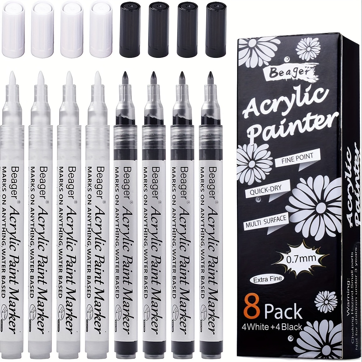 Acrylic Paint Markers, 3 Black 3 White Paint Pens for Rock Painting, Stone, Glass, Wood, Canva, Metal, Ceramic, Graffiti, Paper, Drawing, Medium Tip