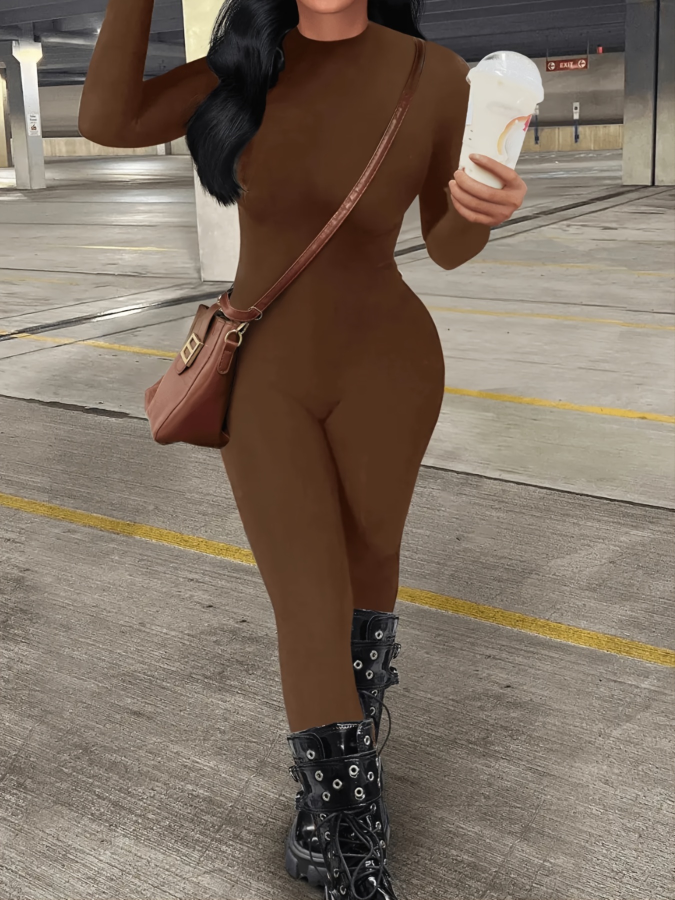 Skinny Crew Neck Jumpsuit Long Sleeve Suit For Spring & Fall