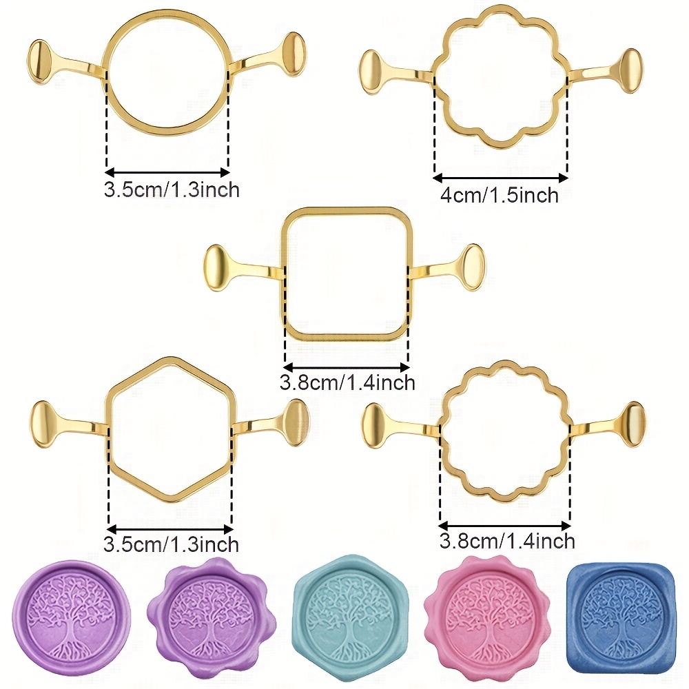  4 PC Metal Wax Seal Kit with Round Flower Square Hexagonal Mold  Shapes for Wax Seal Stamp,Wax Seal Mat with 100Pc Sticky Dots, Wax Seal Mold  for Wedding Invitations Envelopes Cards