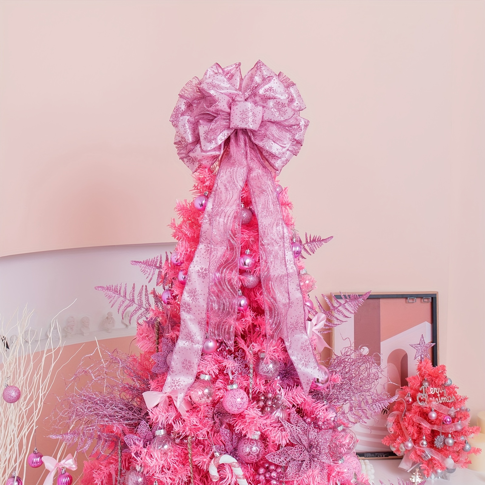 Pink Christmas Bows Decorations, 11 inchx 21.2 inch Large Christmas Tree Topper Bow for Xmas Home Decor, Size: 11 x 21.2