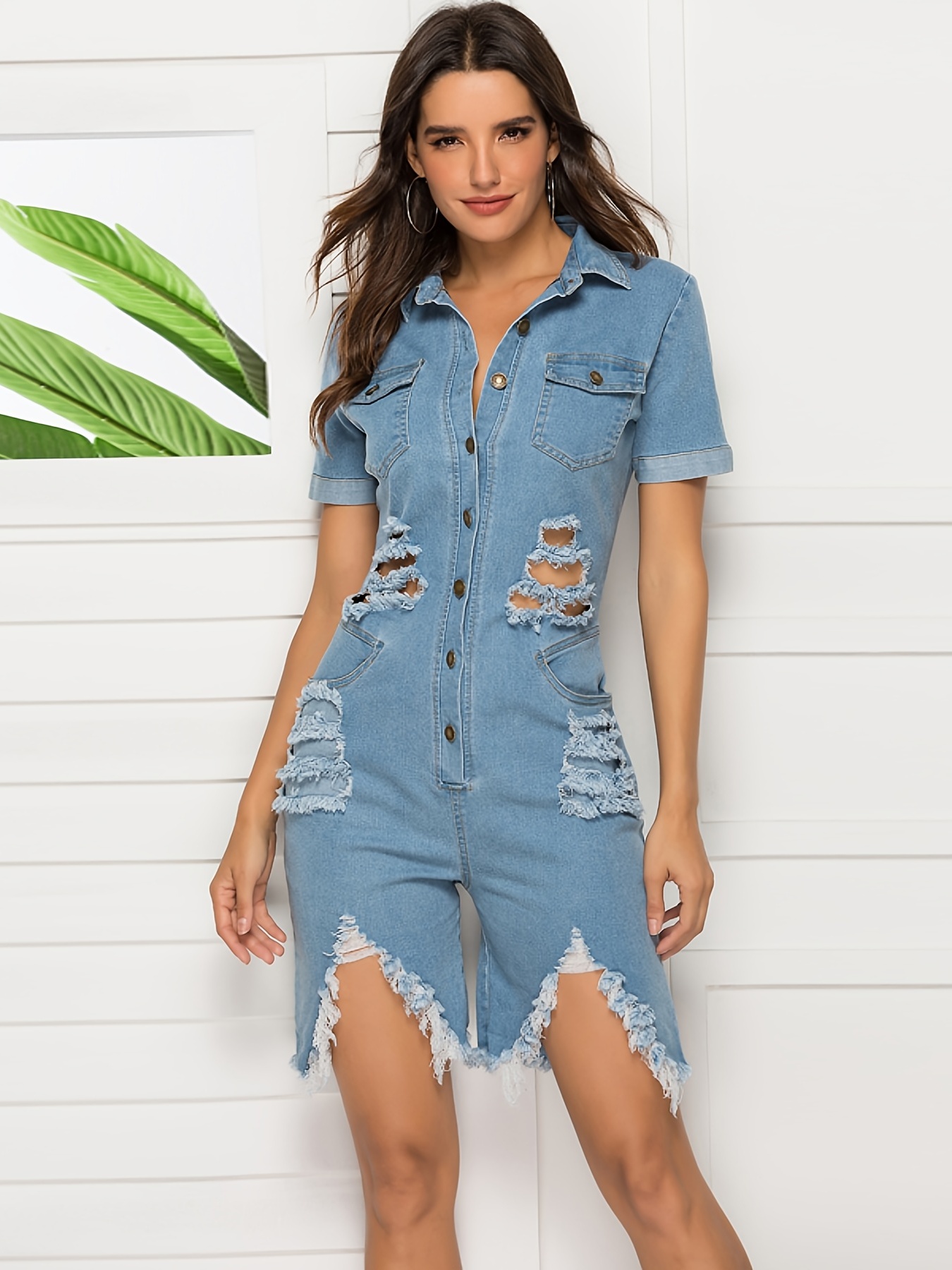 Destroyed Leg Distressed Short Sleeve Denim Overalls Ripped - Temu