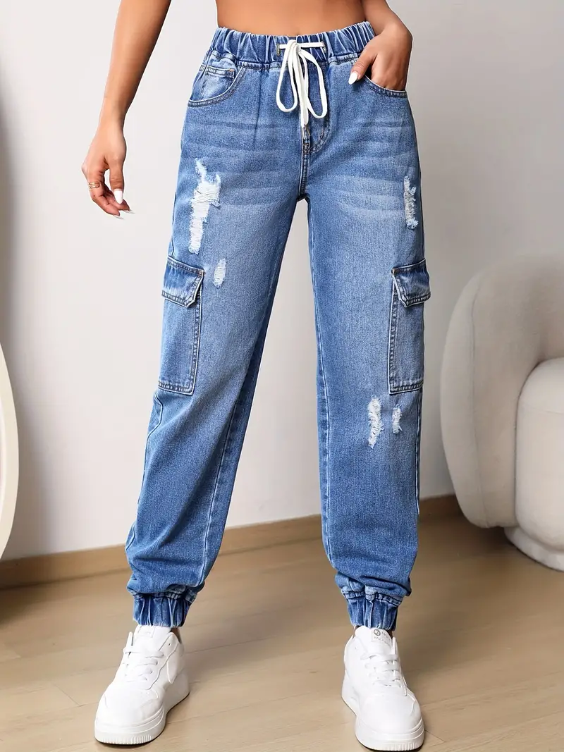 Blue Ripped Holes Jogger Jeans, Drawstring Waist Flap Pockets Straight Legs  Cargo Pants, Women's Denim Jeans & Clothing