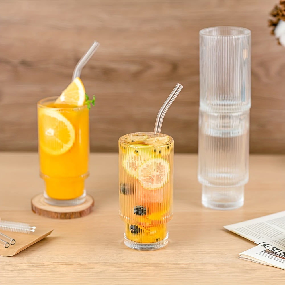 Ribbed Drinking Glasses With Glass Straws Can Shaped Glass - Temu