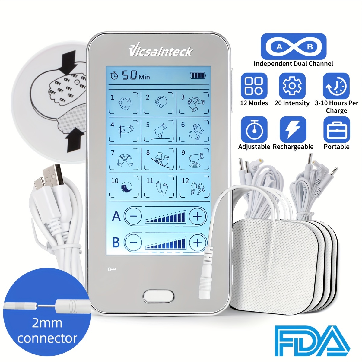 Touch Screen Independent Dual Channel Portable Tens Unit Muscle Stimulator  Machine With 12 Modes, Portable Rechargeable 20 Levels Of Intensity Tens  Machine With Premium Electrode Pads - Temu