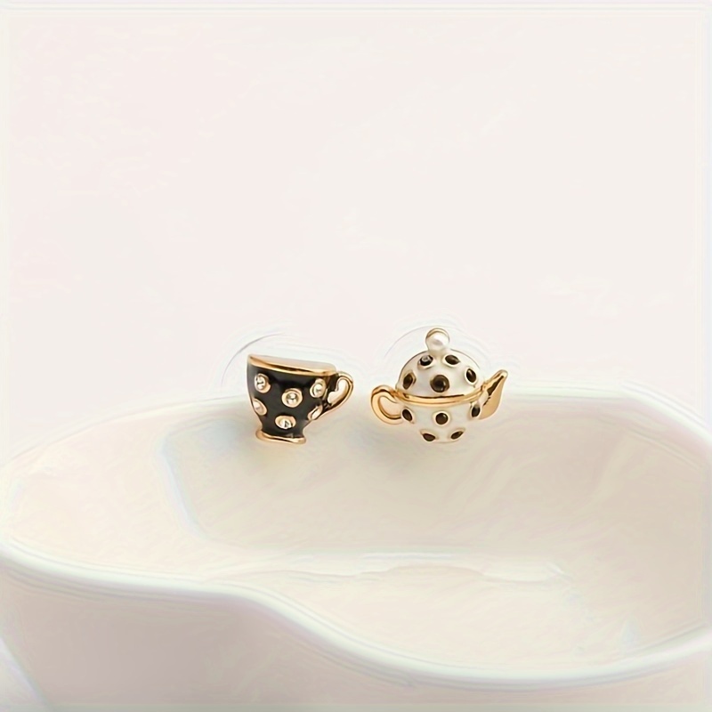 Enamel Multicolor Drop Glaze Teapot Tea Cup Ear Stud Earrings