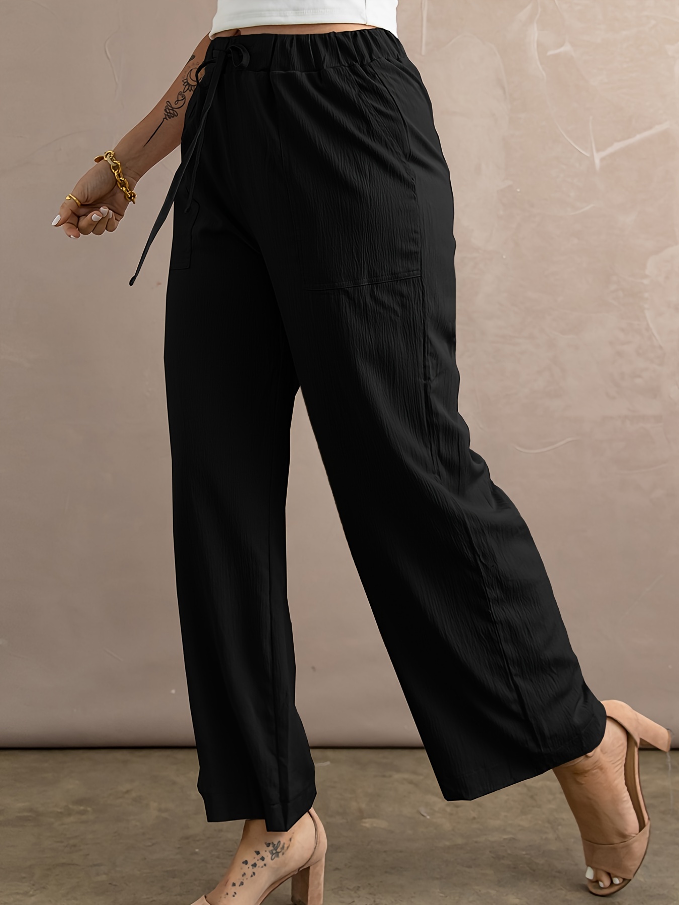 Solid Elastic Drawstring Pants Loose Pocket Wide Leg Pants - Temu