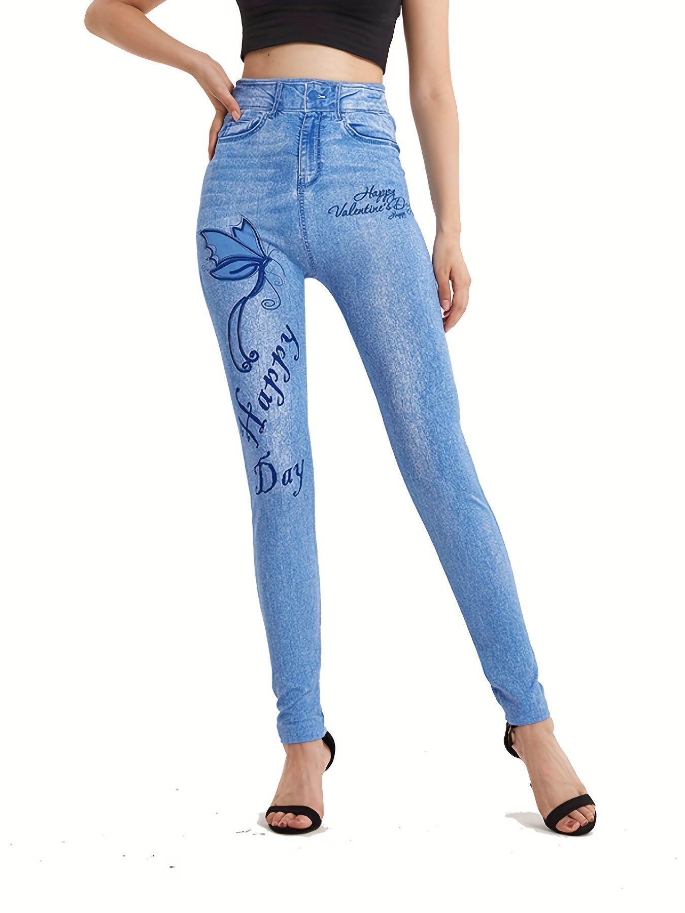 Imitation Denim Print Ripped Pants Casual Slim Pants Spring - Temu