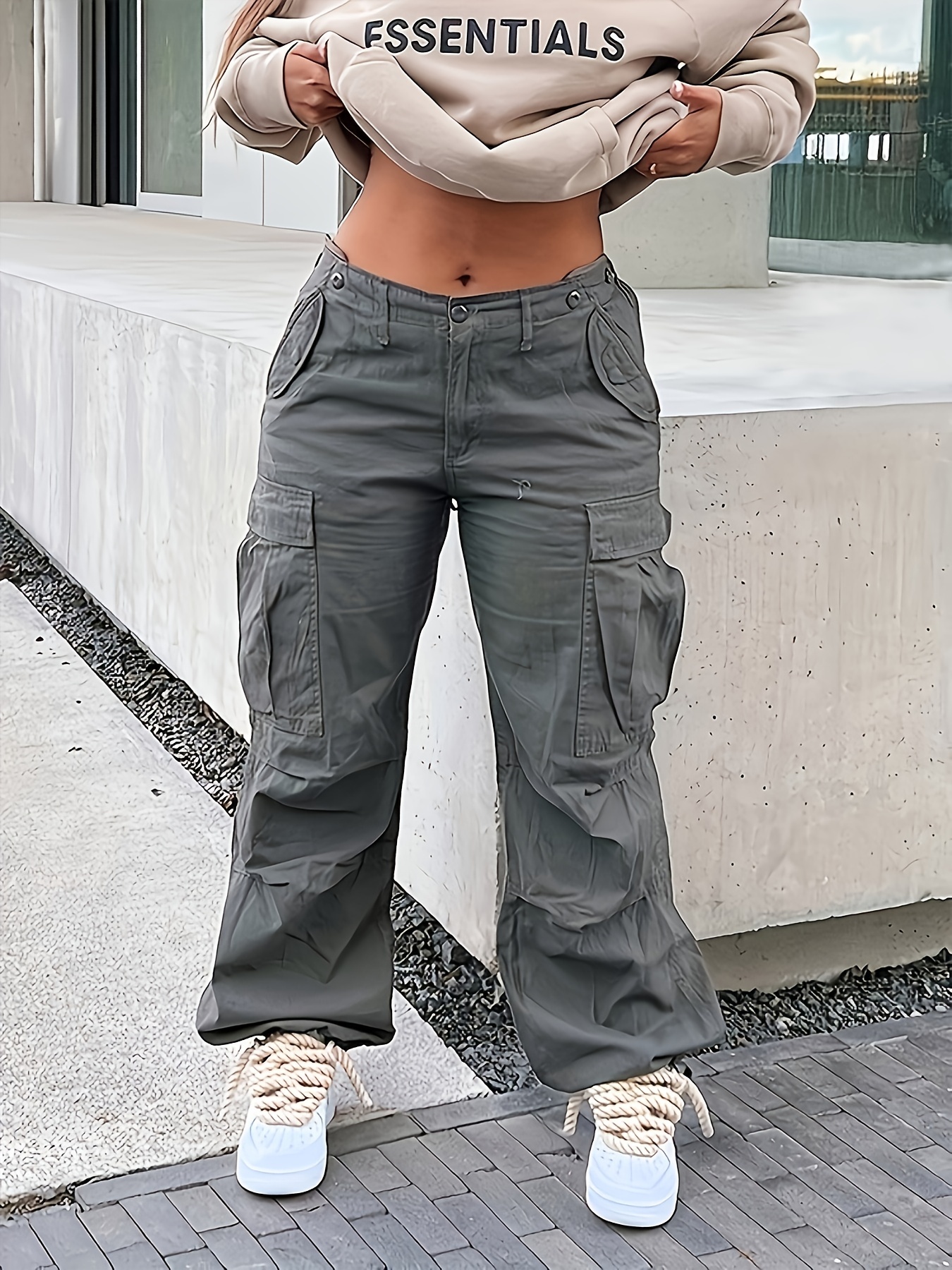 Pantalones cargo para mujer con bolsillos, ajuste holgado, cintura alta,  cintura elástica, ligeros, para trabajo al aire libre, pantalones de pierna