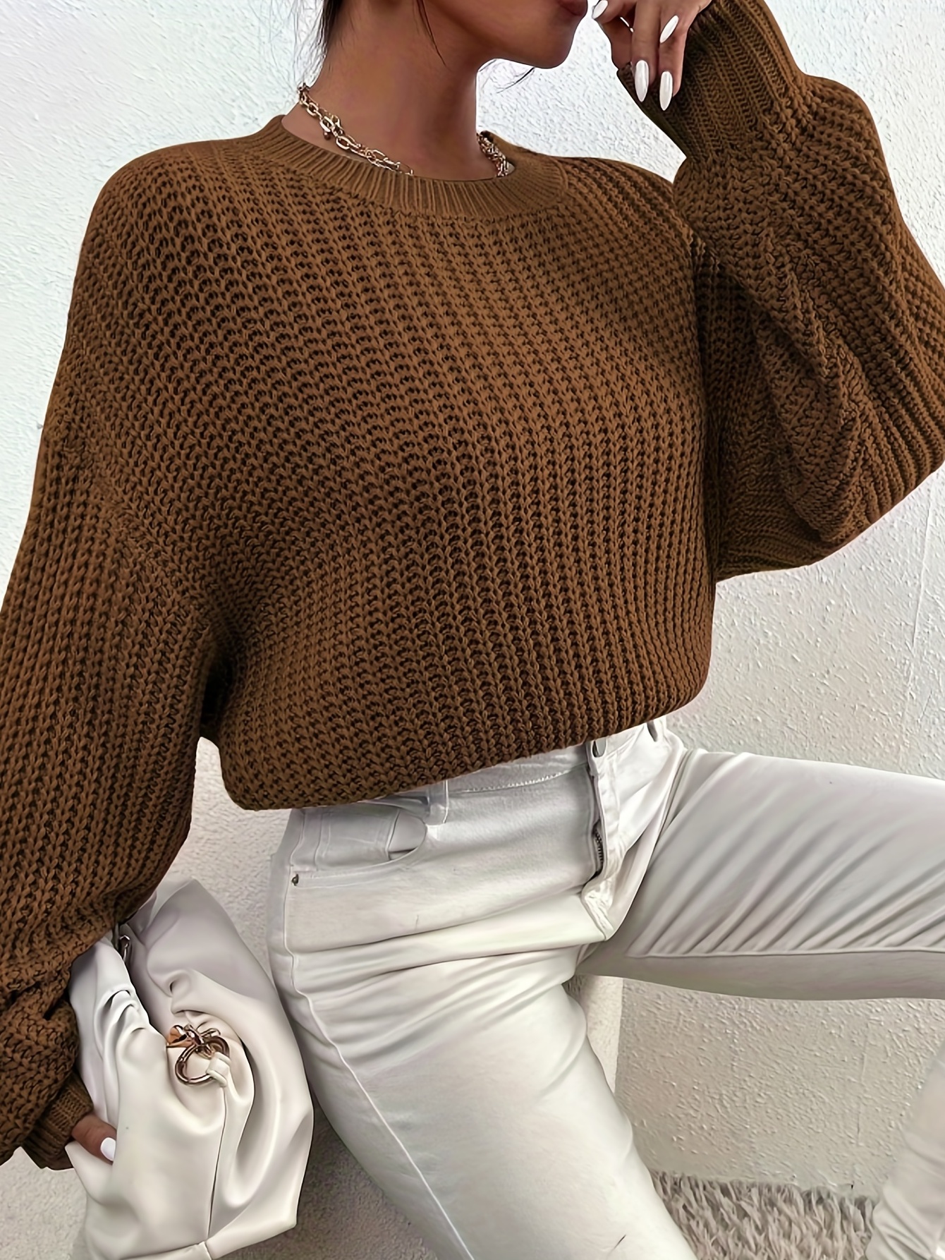 Oversized Rib Knit Mock Neck Drop Shoulder Long Sleeve Sweater - White –  Trendy & Unique