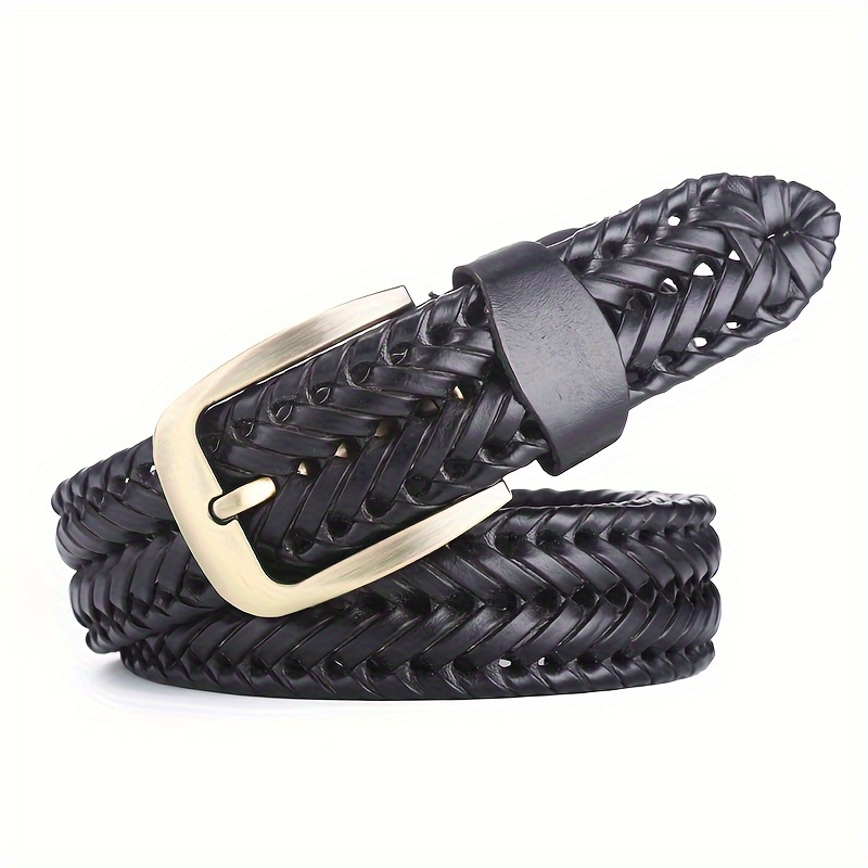 Vintage Pin Buckle Leather Belt Classic Solid Color Braided - Temu