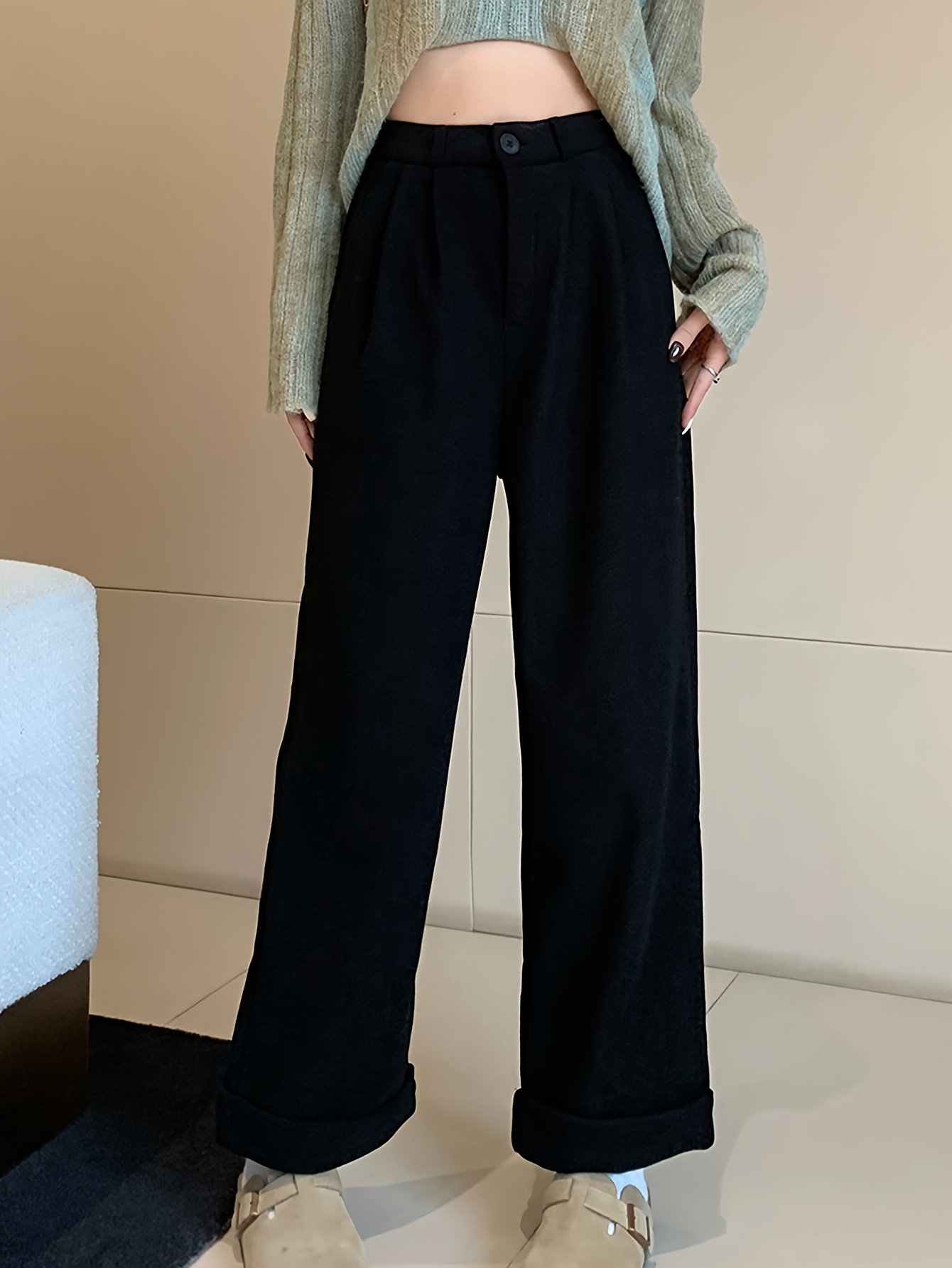 Solid Velvet Wide Leg Pants, Versatile High Waist Pants For Fall & Winter,  Women's Clothing