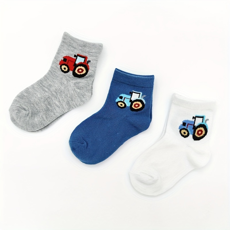 6 Pairs/3 Pairs Boys' Youngsters Cartoon Tractor Pattern Cute Socks, Breathable Comfort Crew Socks, 1-6 Years Fashion Socks