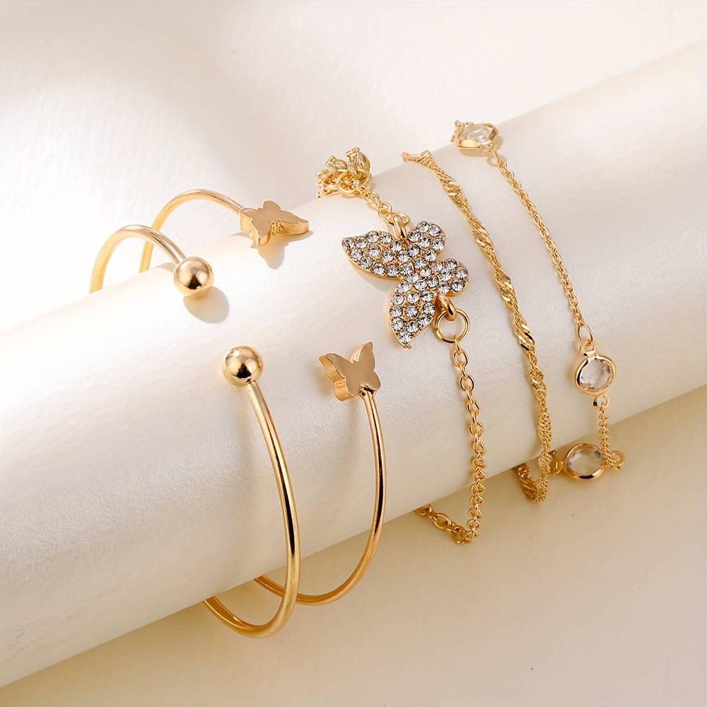 5pcs/Set Butterfly Rhinestone Bracelet Cuff Bangle Animal Design Jewelry  For Women Girls