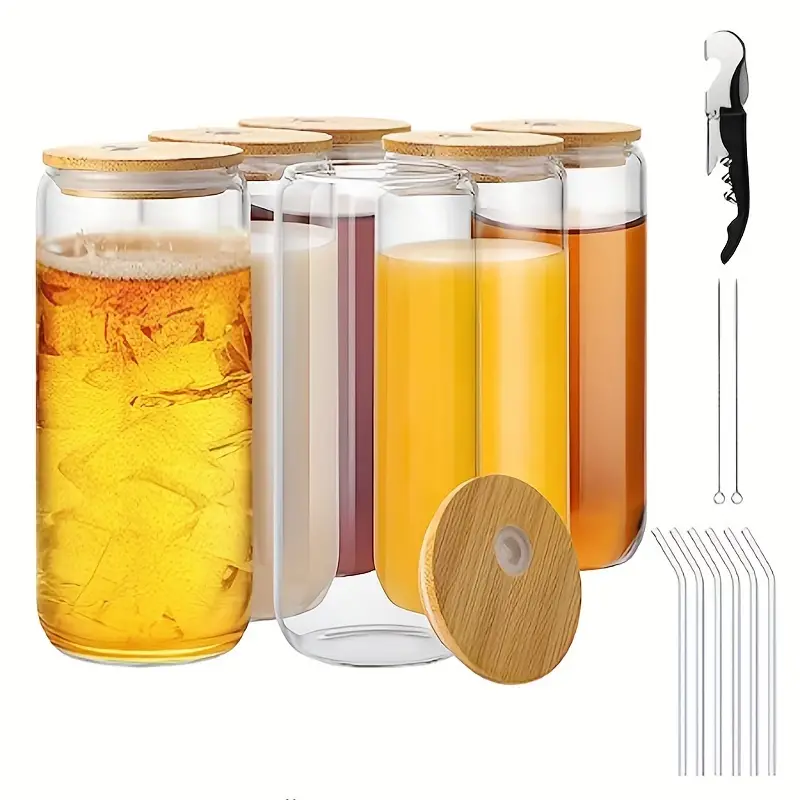 Drinking Glasses With Bamboo Lids And Glass Straw Beer Glasses, Iced Coffee  Cups, Shape Cups, Cute Smoothie Cups, For Whiskey, Cocktails, Beer, Gifts -  Lid Straws And Cleaning Brush - Temu