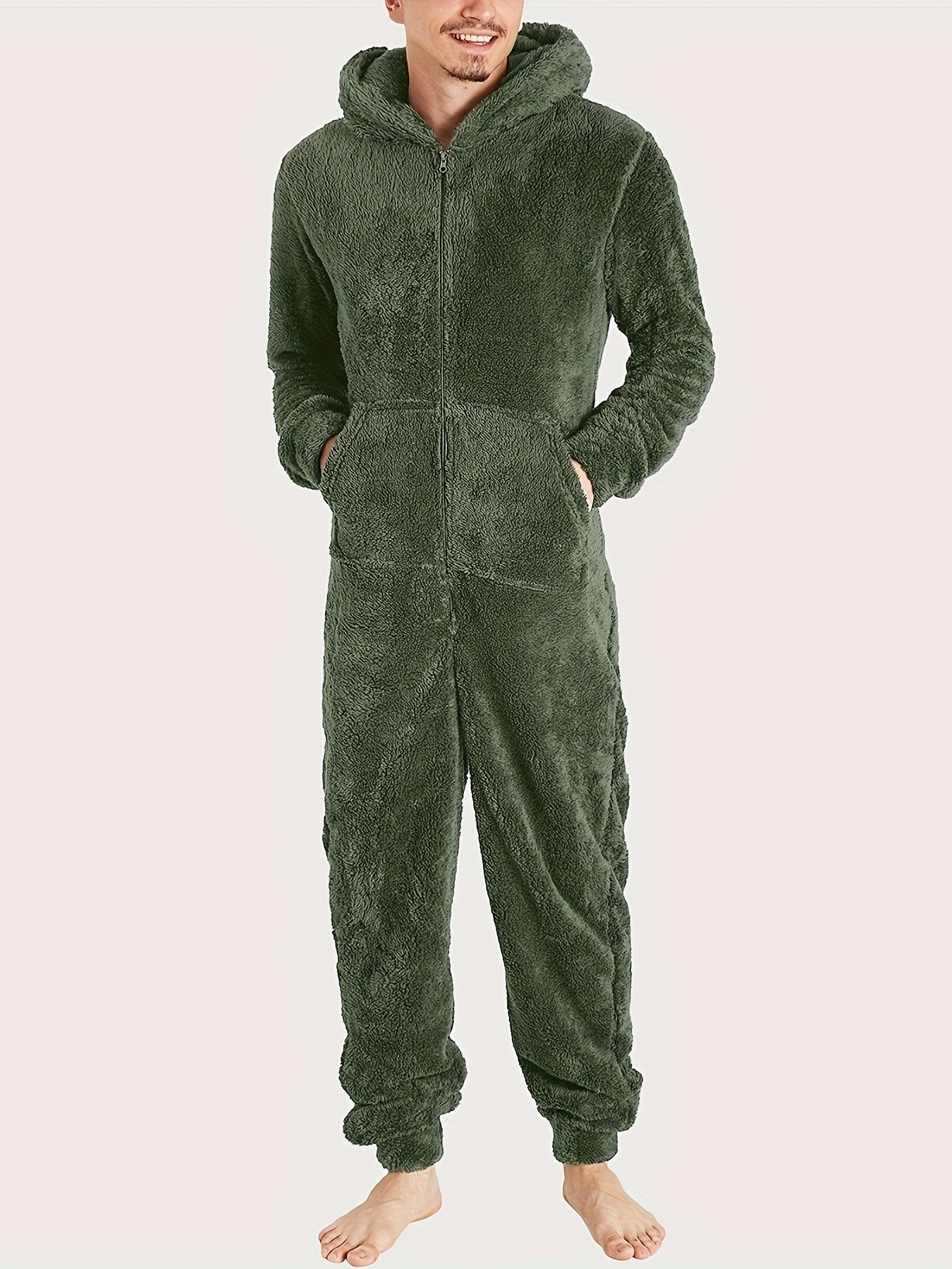 Onesie Pajamas Men Fuzzy Fleece Hooded Zipper Jumpsuits - Temu