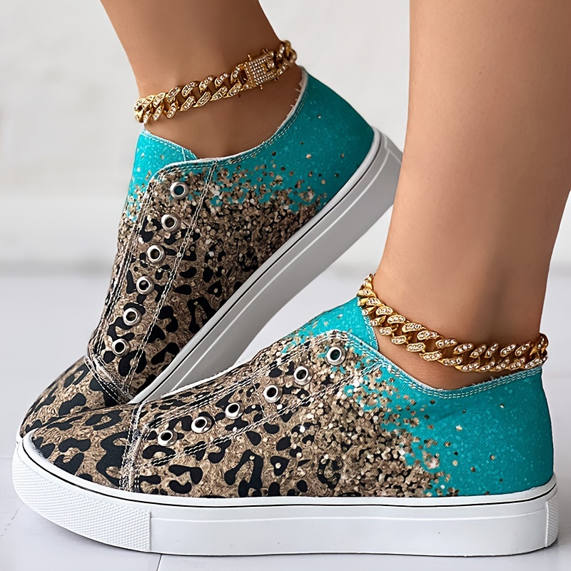 womens leopard print canvas shoes fashion low top ombre flat sneakers casual walking shoes details 3