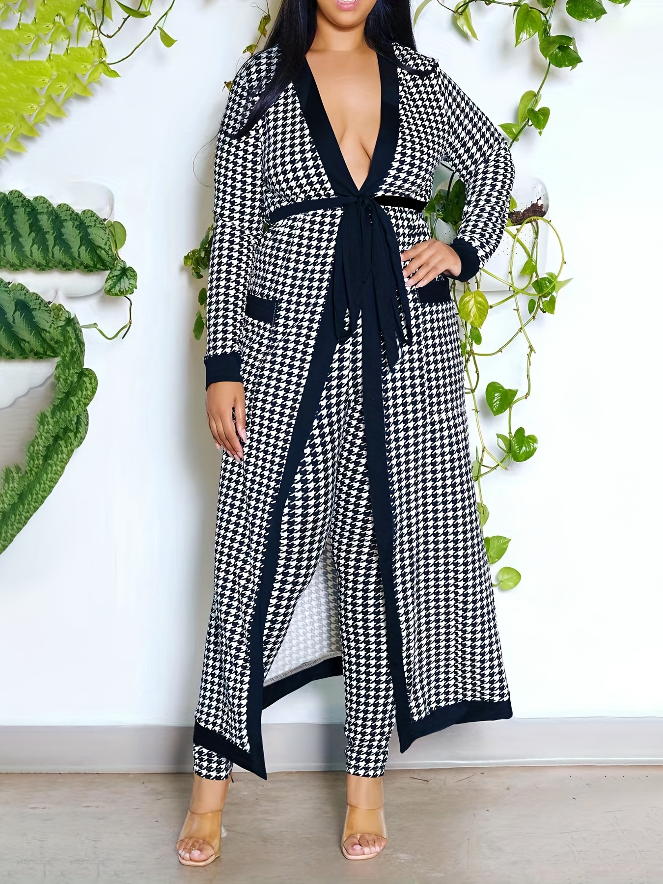 Houndstooth Print Elegant Two-piece Set, Open Front Long Sleeve Cardigan &  Slim Pants Outfits, Women's Clothing