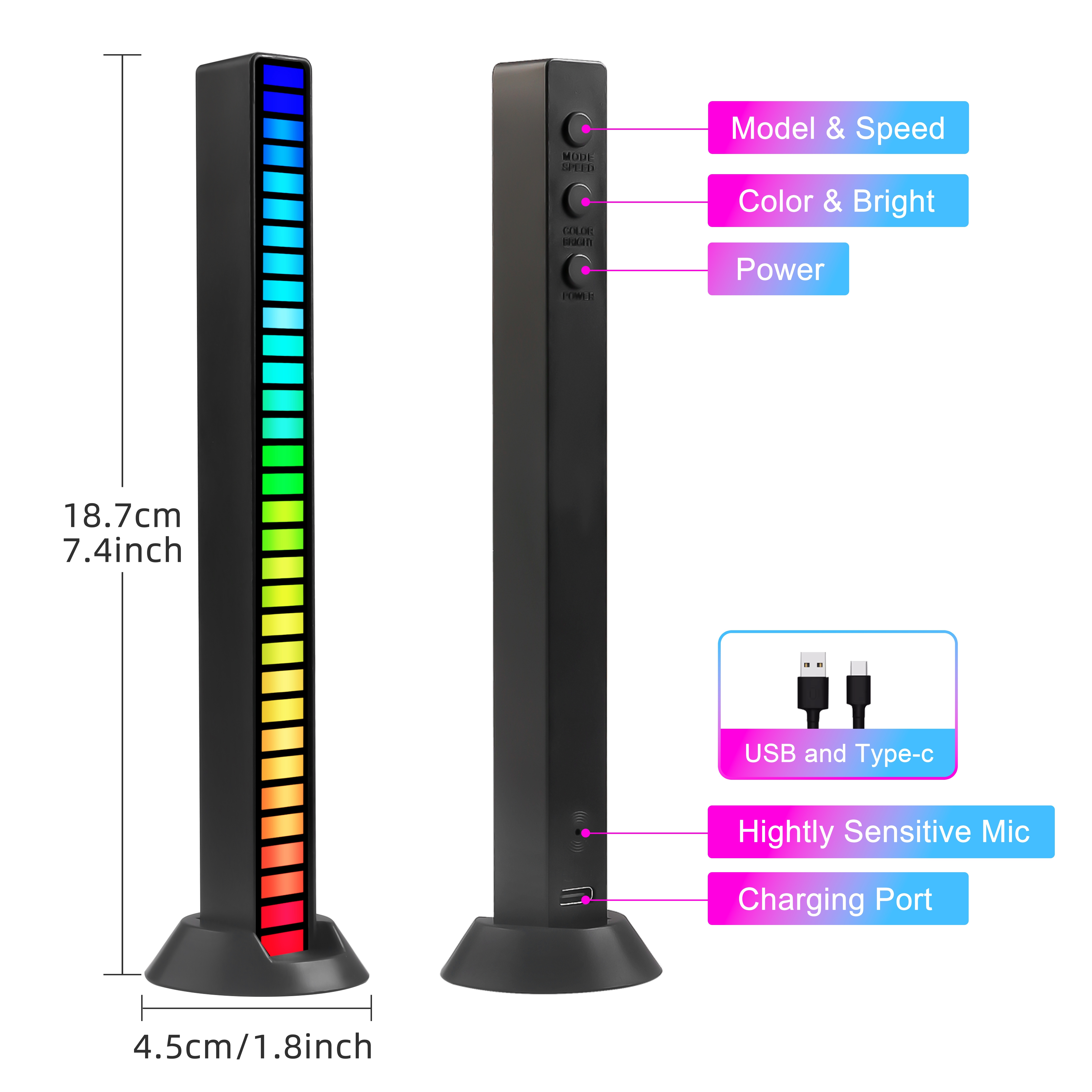 2pcs Sound Activated Lights, 32 Bit Sound Control RGB Light Bar, Colorful  Rechargeable Ambient Led Light, Voice-Activated Pickup Rhythm Music RGB Ligh