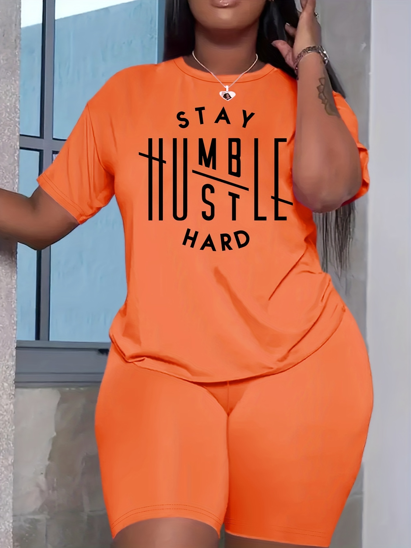 Stay Humble Print Two piece Set Short Sleeve T shirt Biker Temu