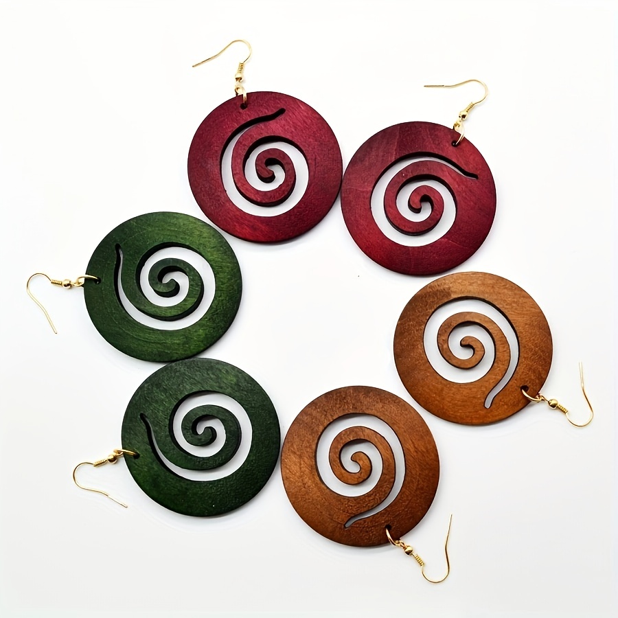 3 Pairs/1 Set Of Solid Wood Swirl-shaped Pendant Earrings Set