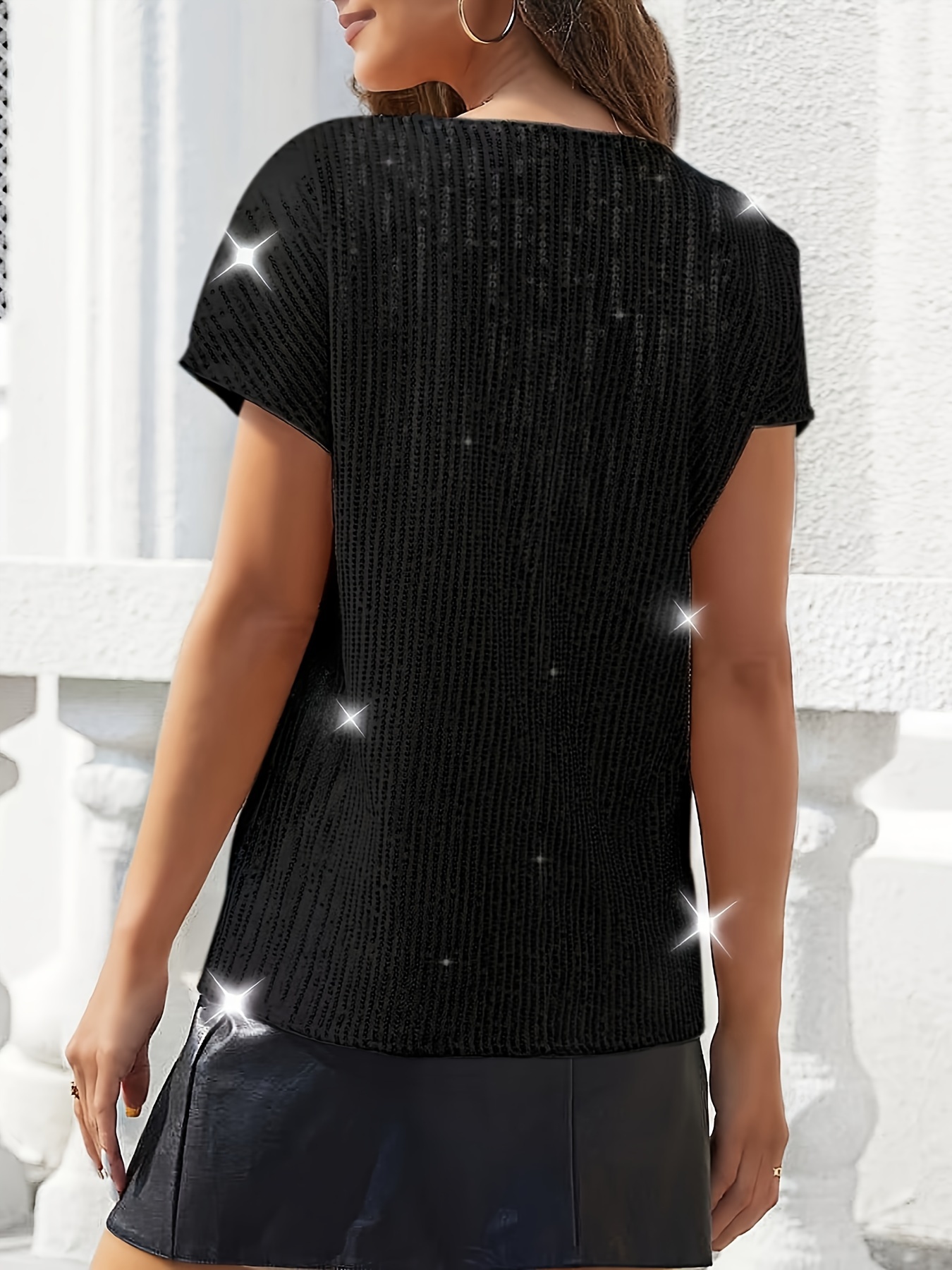 Sequin V Neck T shirt Casual Solid Short Sleeve Summer T - Temu