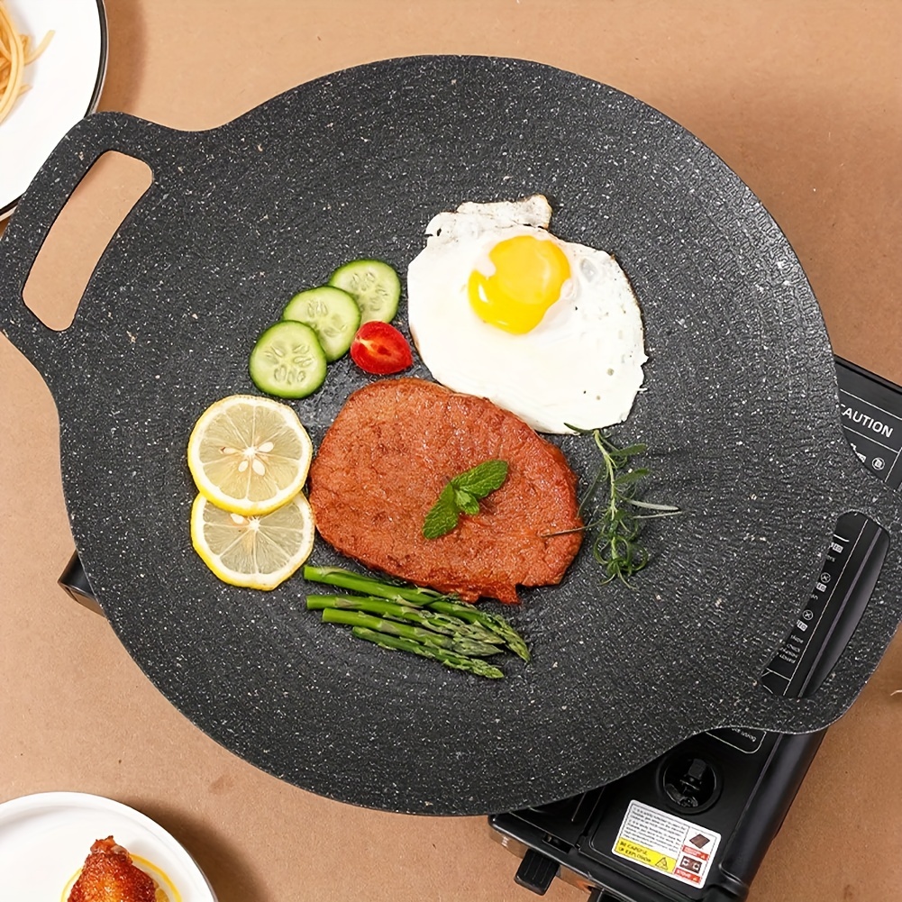 Round Iron Korean BBQ Grill Plate Barbecue Non-stick Pan Set with Holder Set