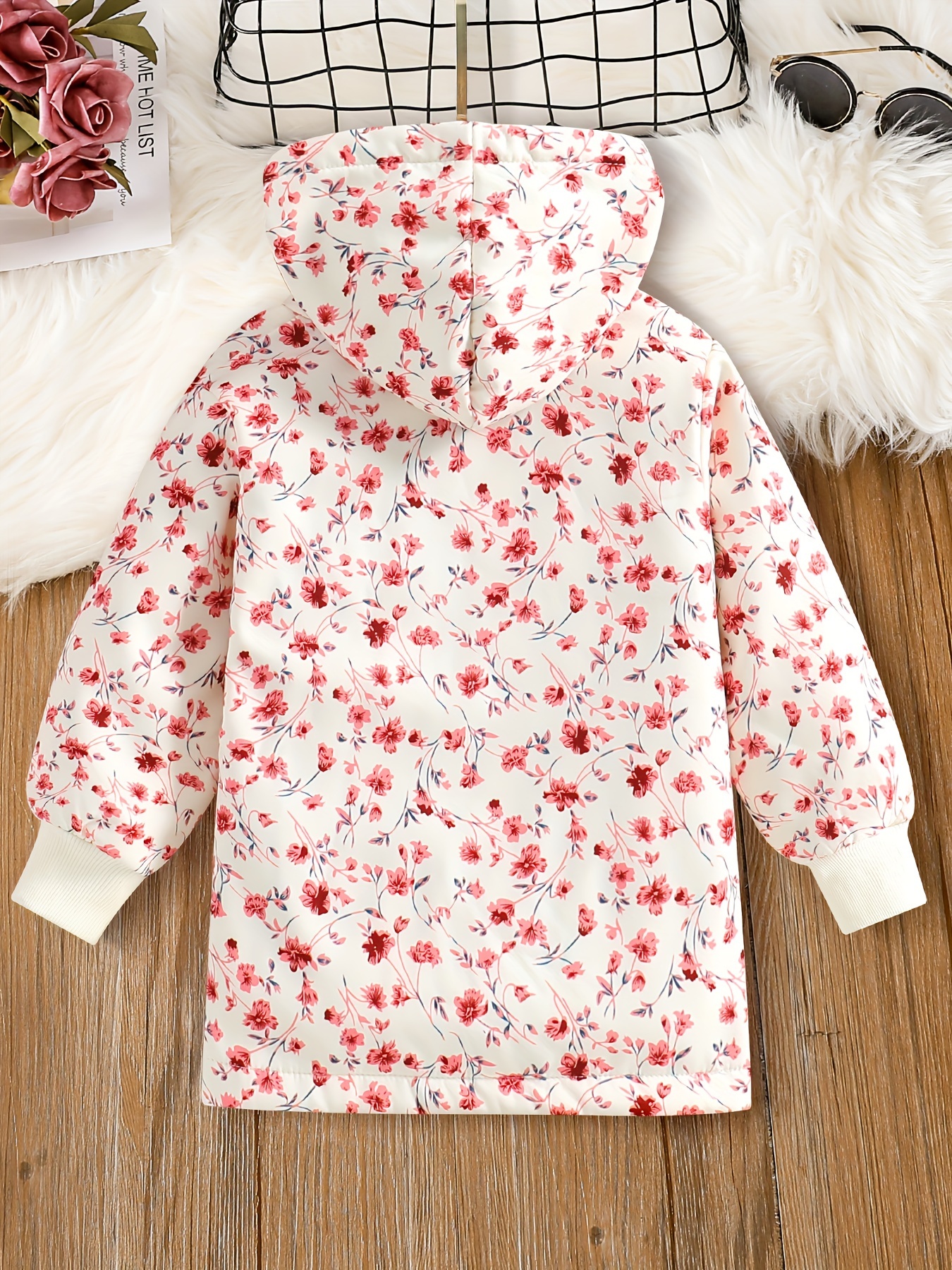 Girls Ditsy Floral Long Hooded Fleece Jacket Children's - Temu