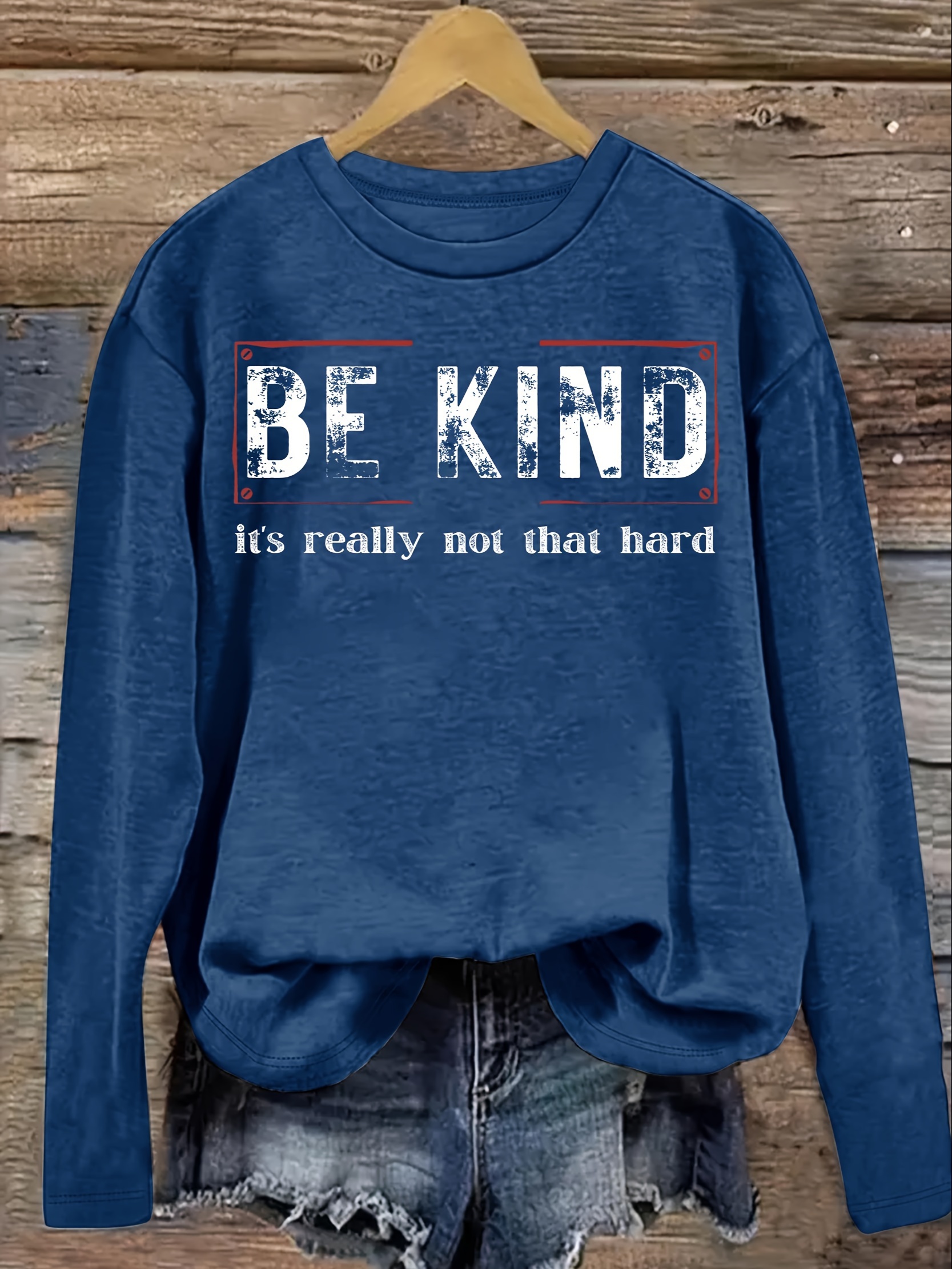 Be Kind Print T-Shirt, Casual Crew Neck Long Sleeve Top For Spring & Fall, Women's Clothing