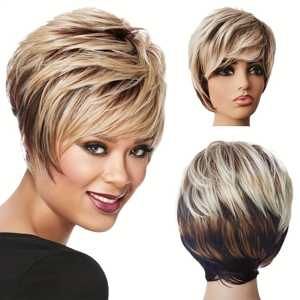 Brown Short Hair Wigs Highlights Synthetic Hair Wig Bangs Temu