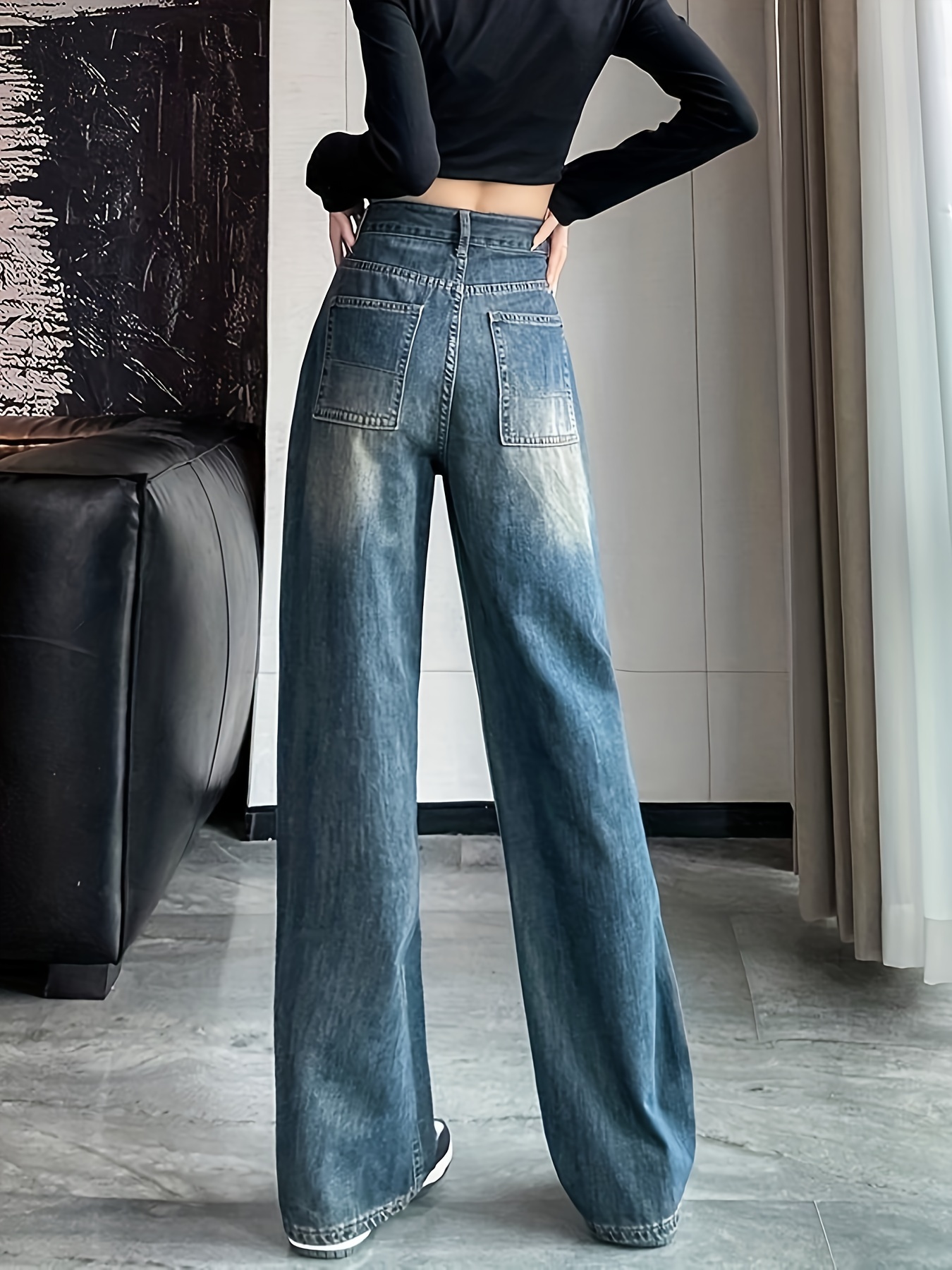 Plicated Pattern Bootcut Jeans, Star & Stripe Printed Patched Pocket Back  Casual Denim Pants, Women's Denim Jeans & Clothing