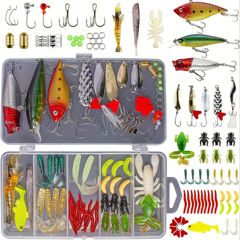 33/78/142pcs Fishing Lures Kit For Freshwater, Fishing Accessory Box  Including Spoon Lures Soft Plastic Worms Crankbait Jigs Fishing Hooks