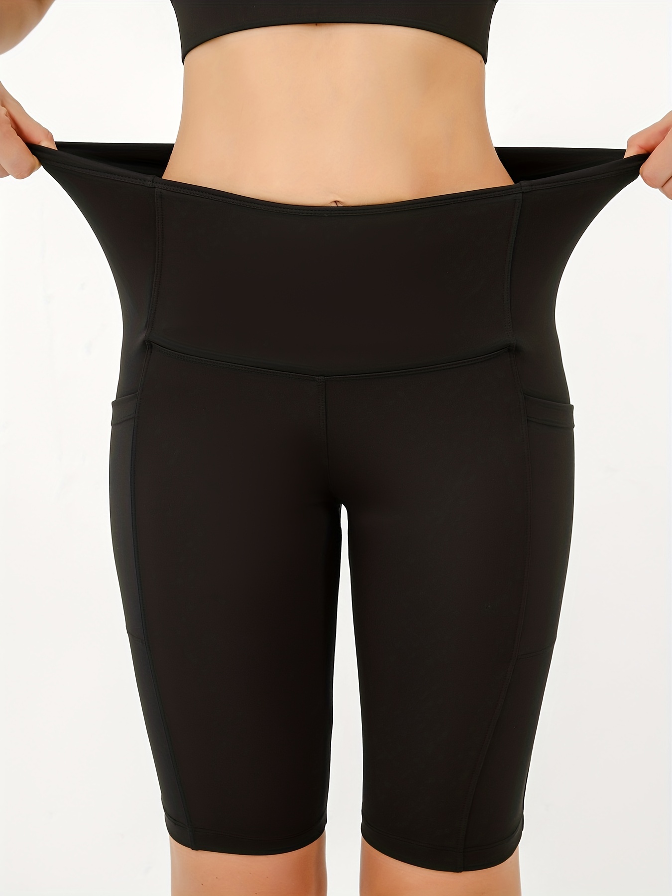 Women Black High Waisted Yoga Shorts Size Large Side Pockets 