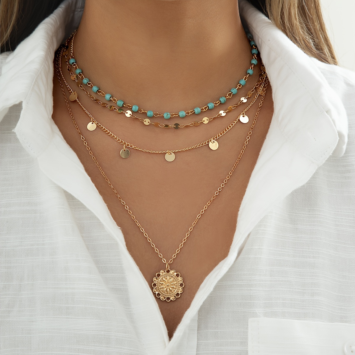 

3pcs/set Bohemian Vintage Turquoise Stone Sequin Clavicle Chain Flower Plate Multilayer Necklace