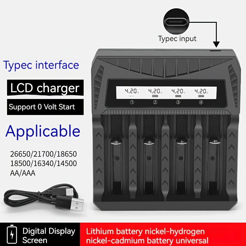  Cargador de batería 18650 de 4 bahías, cargador universal  inteligente para linterna, batería recargable de iones de litio de 3.7 V,  compatible con cargador de batería 18650 26650 21700 (solo cargador :  Electrónica