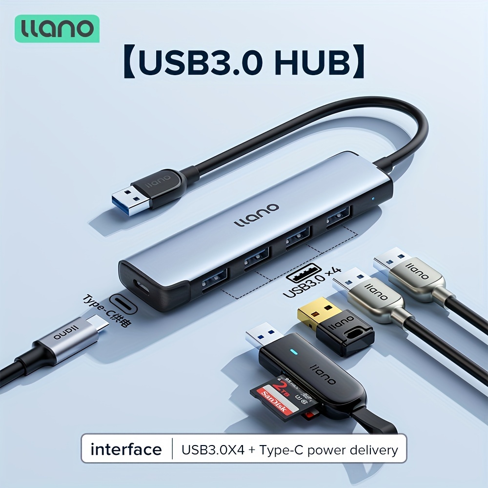 LLANO Hub USB Avec 4 Ports USB 3.0, Avec Port USB-C/Type-C Alimenté, Pour  Ordinateur Portable, Plus De Périphériques USB
