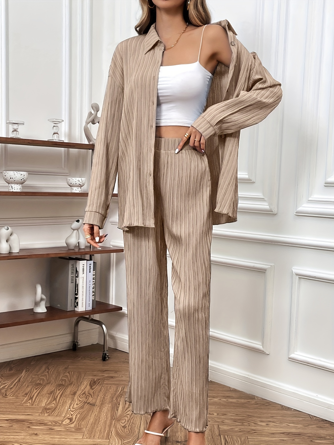 Chic Solid Color Women's Two Piece Set - Casual Wide Leg Pants and Cardigan  Blouse Suit in Soft Material