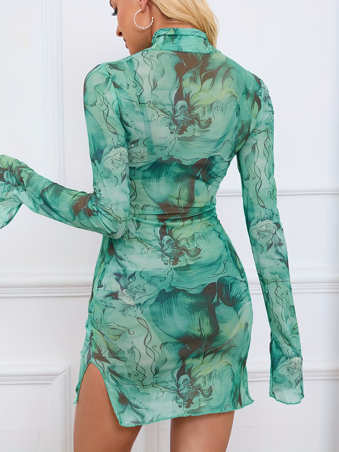 womens y2k floral mesh split frill trim bodycon mini dress - Temu Italy