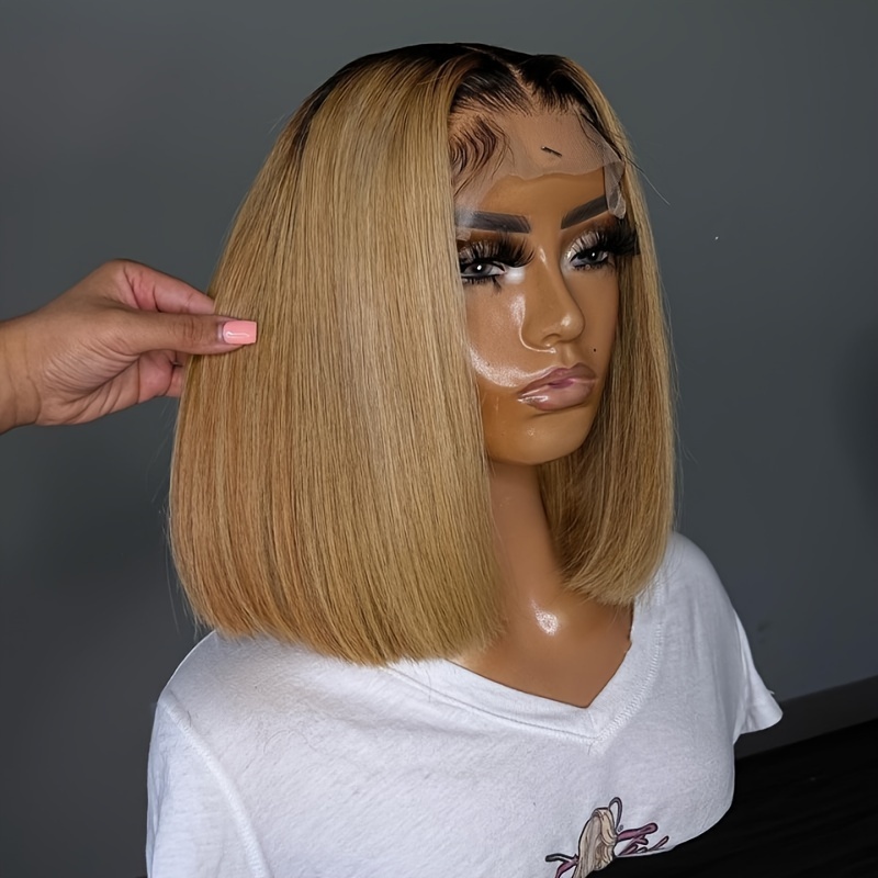 Ombre 1B 27 Straight Short Bob Wig Human Hair 180 Density 13 4 Lace Frontal Bob Wig For Women Pre Plucked Transparent Lace Frontal Bob Wig