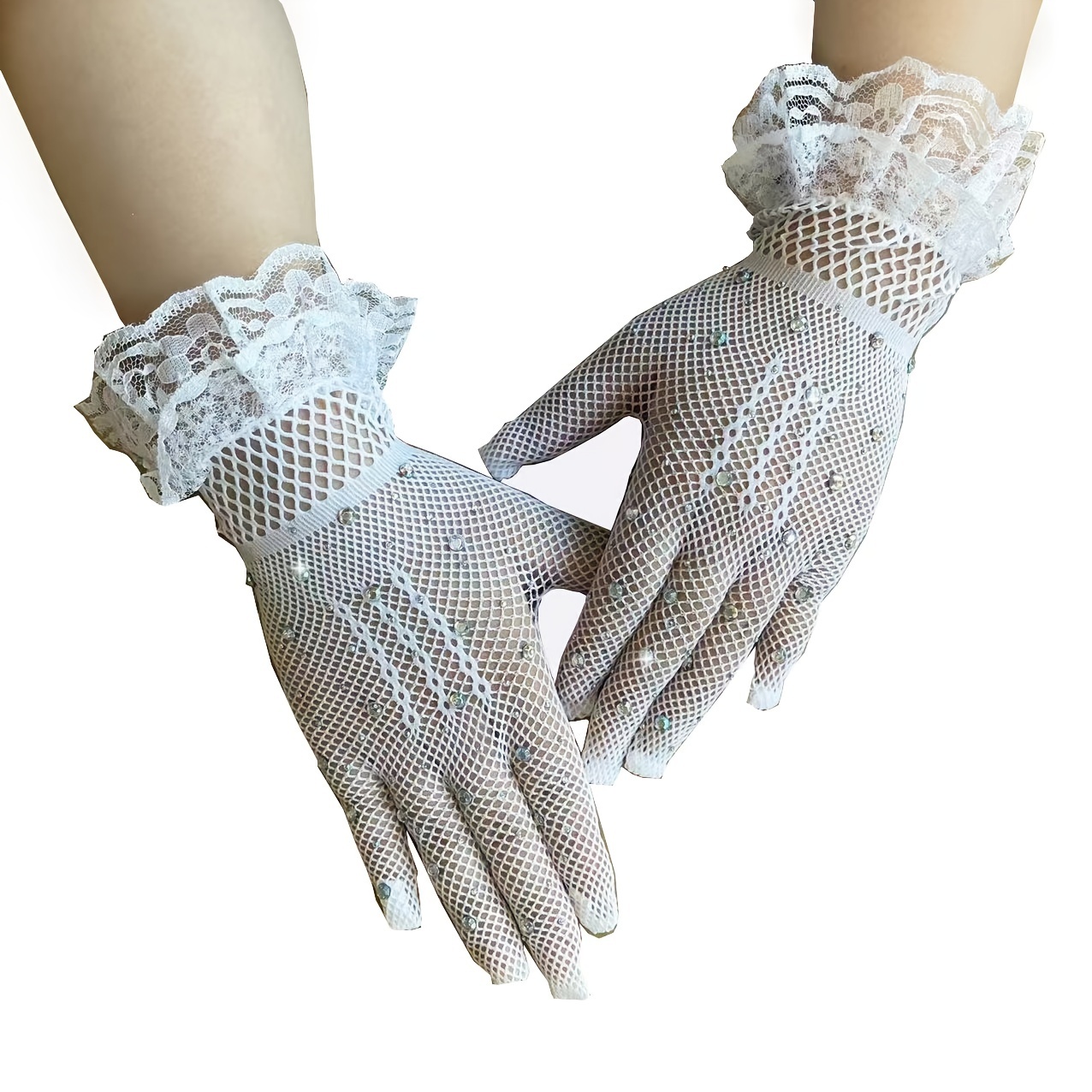 Imitation Diamond Fishing Net Gloves Short Black White Elastic Mittens  Elegant Bride Full Finger Lace Mesh Gloves